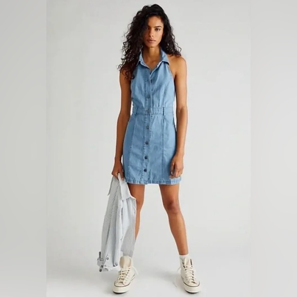 Free People Women's Blue Sami Denim Collared Halter Mini Dress Size S - Picture 2 of 6